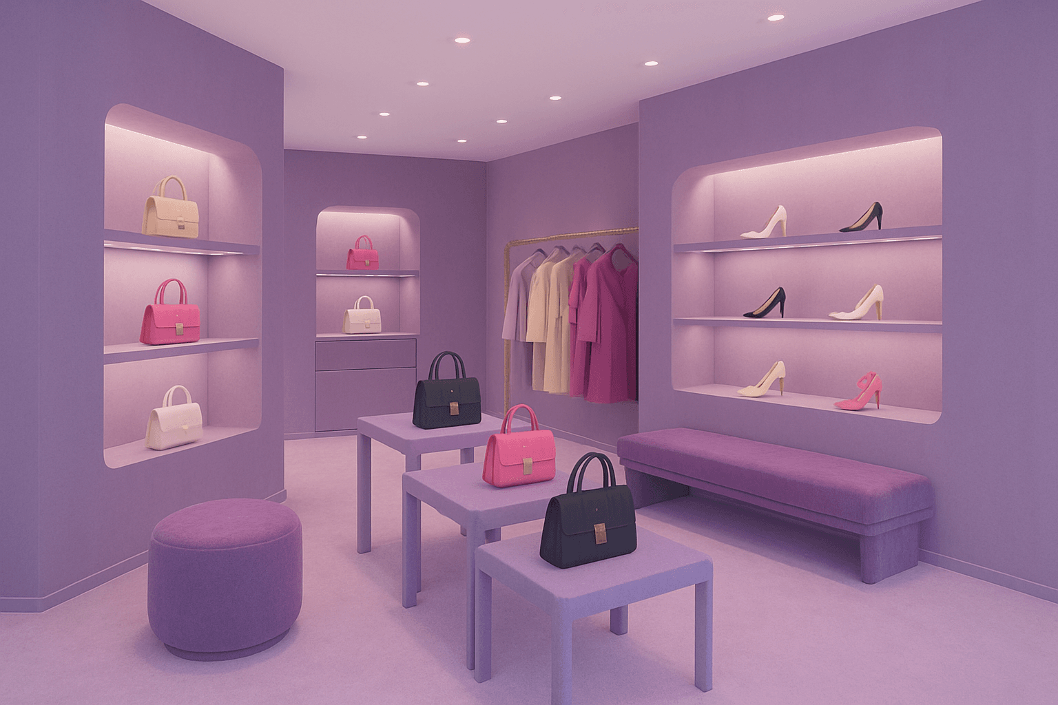 Intérieur d'une boutique de mode moderne avec des tons violets, présentant des sacs à main et des chaussures.